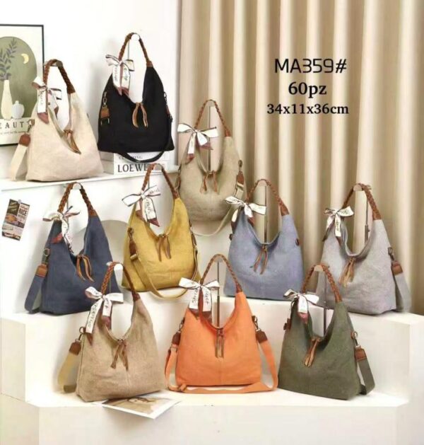 Bolso de Hombro en Lino Lavado con Asa Trenzada, Pañuelo Decorativo y 2 Cremalleras para Mujer - Imagen 2