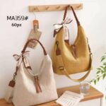 Bolso de Hombro en Lino Lavado con Asa Trenzada, Pañuelo Decorativo y 2 Cremalleras para Mujer