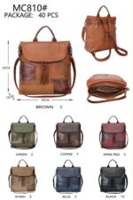 Mochila Sintética de Mujer tipo Patchwork con Solapa de Botón y Bolsillos Exteriores