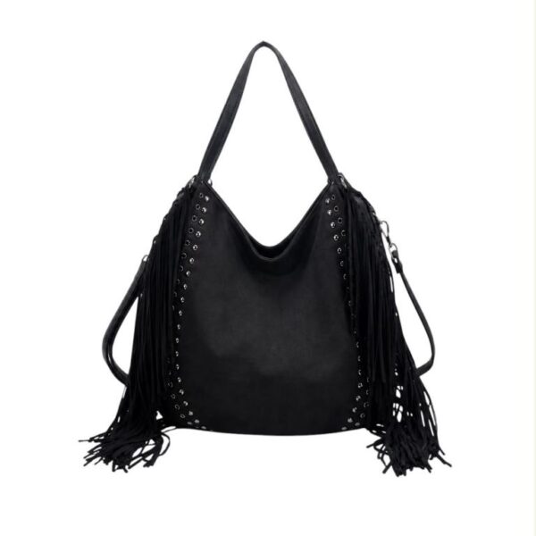 Amplio Bolso de Hombro Sintético tipo Hobo con Flecos y Tachuelas Decorativas para Mujer - Imagen 3