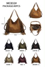Amplio Bolso de Hombro Sintético tipo Hobo con Flecos y Tachuelas Decorativas para Mujer