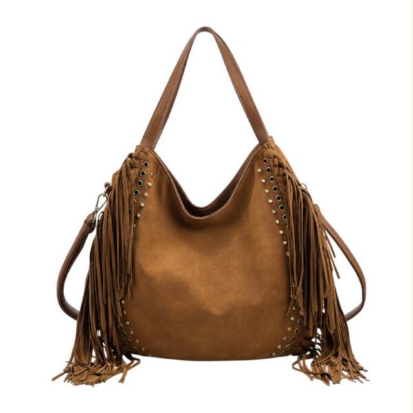 Amplio Bolso de Hombro Sintético tipo Hobo con Flecos y Tachuelas Decorativas para Mujer - Imagen 4