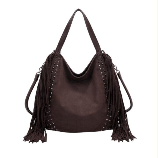 Amplio Bolso de Hombro Sintético tipo Hobo con Flecos y Tachuelas Decorativas para Mujer - Imagen 5