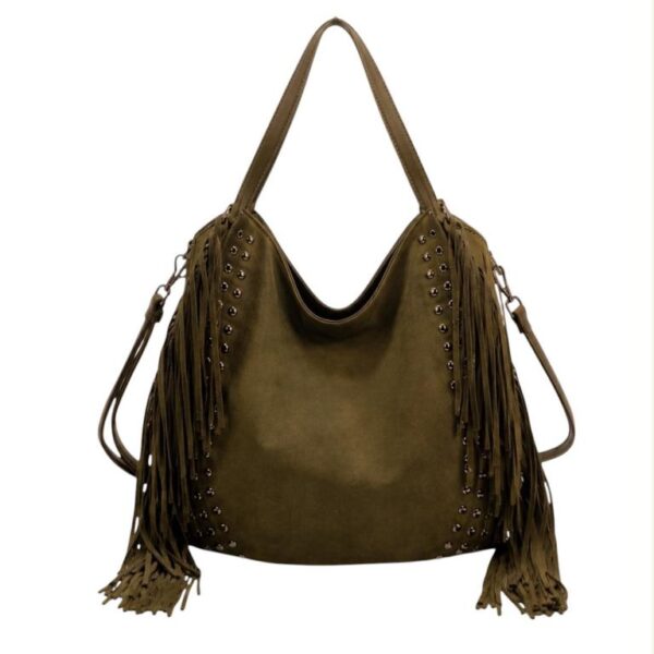 Amplio Bolso de Hombro Sintético tipo Hobo con Flecos y Tachuelas Decorativas para Mujer - Imagen 6