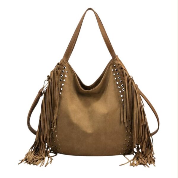 Amplio Bolso de Hombro Sintético tipo Hobo con Flecos y Tachuelas Decorativas para Mujer - Imagen 2