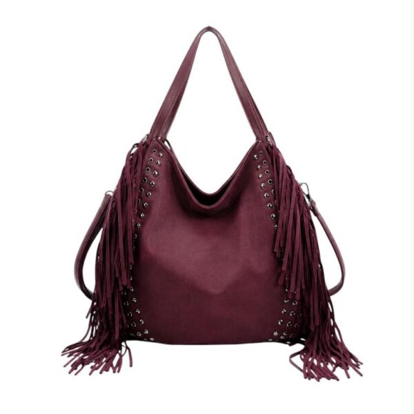 Amplio Bolso de Hombro Sintético tipo Hobo con Flecos y Tachuelas Decorativas para Mujer - Imagen 7