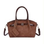Bolso de Mano Sintético Estilo Serraje con Tira Marrón Decorativa y Monedero Extra de Mujer - Imagen 6