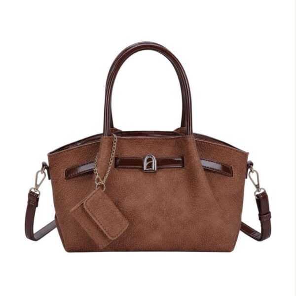 Bolso de Mano Sintético Estilo Serraje con Tira Marrón Decorativa y Monedero Extra de Mujer - Imagen 6