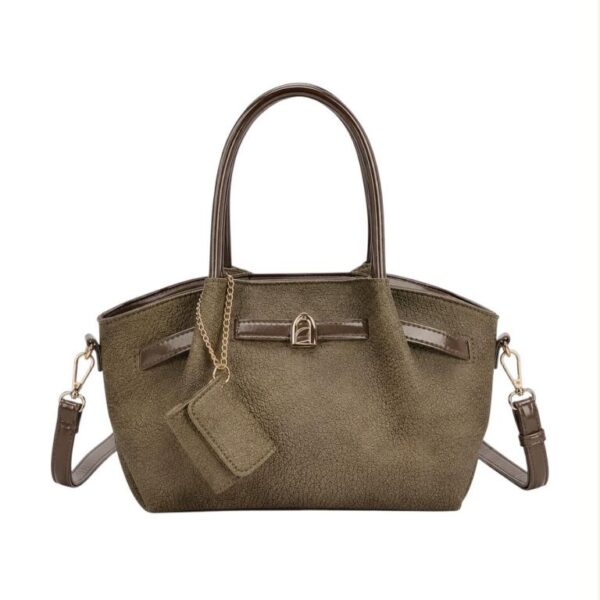 Bolso de Mano Sintético Estilo Serraje con Tira Marrón Decorativa y Monedero Extra de Mujer - Imagen 3