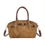 Bolso de Mano Sintético Estilo Serraje con Tira Marrón Decorativa y Monedero Extra de Mujer