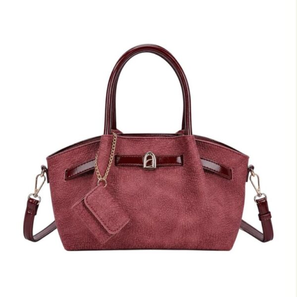 Bolso de Mano Sintético Estilo Serraje con Tira Marrón Decorativa y Monedero Extra de Mujer - Imagen 4