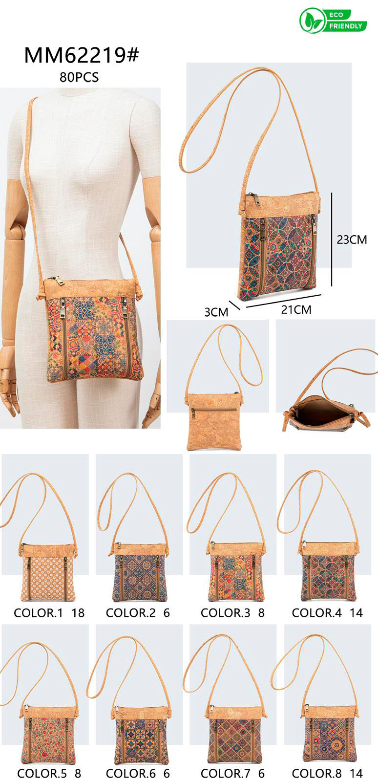 CGMM62219-All Bolso Bandolera en Corcho Ecológico con 2 Cremalleras Frontales Decorativas para Mujer - Imagen 1