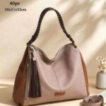 Bolso de Hombro Sintético Tricolor tipo Hobo con Asa Trenzada y Bolsillos Exteriores