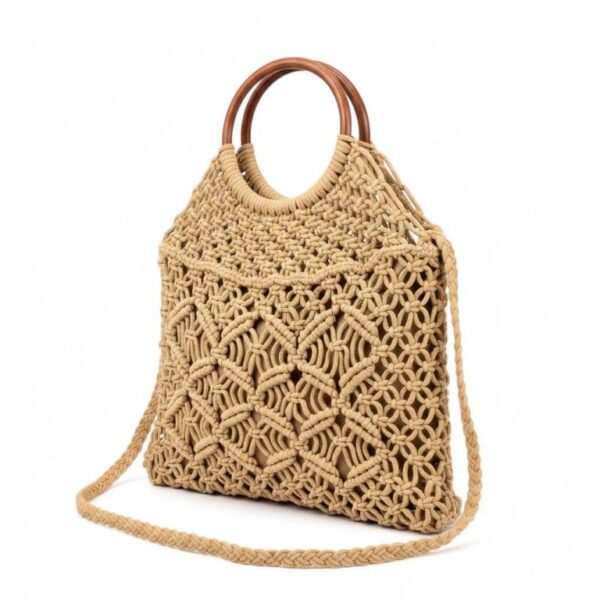 Bolso de Hombro en Algodón tipo Ganchillo con Asas Cortas Circulares Marrones para Mujer - Imagen 3