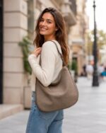 Bolso de Hombro tipo Hobo en Piel Italiana con Frontal de Serraje y Gran Calidad para Mujer - Imagen 2