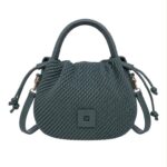 Bolso de Mano Sintético Trenzado de Mujer con Cierre de Cuerdas y Cuadrado Decorativo Frontal