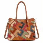 Bolso de Hombro Sintético tipo Tote con Diseño Patchwork y Bolsillo Trasero para Mujer