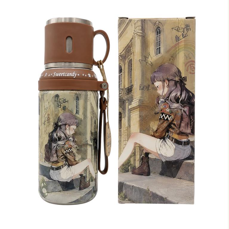 CGC352-05-C Botella Termo 650ml para Mujer con Diseño de Muñeca Sweet Candy, 2 Tapones y Asa Corta - Imagen 1