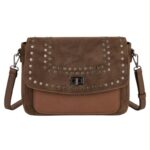 Bolso Bandolera Sintético Bicolor con Tachuelas en Solapa de Giro y Compartimento Frontal Mujer