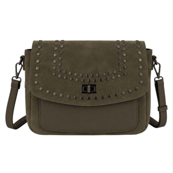 Bolso Bandolera Sintético Bicolor con Tachuelas en Solapa de Giro y Compartimento Frontal Mujer - Imagen 7