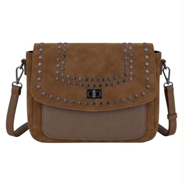 Bolso Bandolera Sintético Bicolor con Tachuelas en Solapa de Giro y Compartimento Frontal Mujer - Imagen 5