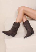 Botines de Mujer Estilo Cowboy con Tachuelas Decorativas Plateadas y Bloque de Tacón - Imagen 3
