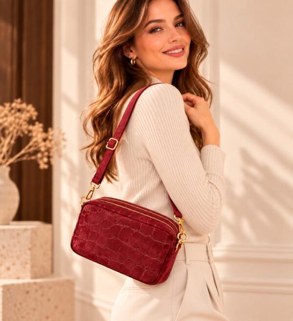 Bolso Bandolera Serraje Italiano con Diseño Croco y 2 Cremalleras para Mujer - Imagen 2