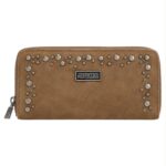 Cartera Larga Sintética Estilo Serraje con Tachuelas Frontales y 2 Cremalleras para Mujer