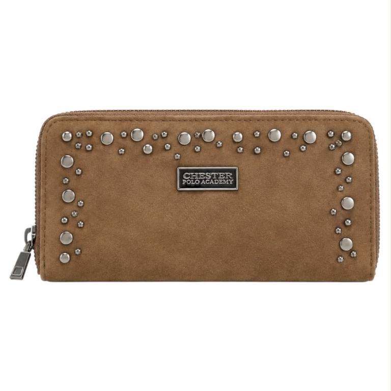 CG656-12-Kaki Cartera Larga Sintética Estilo Serraje con Tachuelas Frontales y 2 Cremalleras para Mujer - Imagen 1