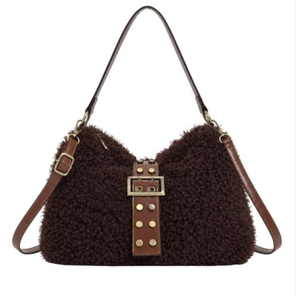 Bolso de Hombro con Pelo Sintético y Solapa con Tachuelas Decorativas para Mujer - Imagen 3