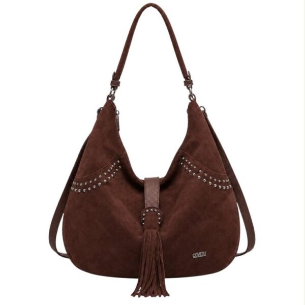 Amplio Bolso de Hombro Sintético Hobo Coveri Collection con Mini Solapa de Flecos y Tachuelas Decorativas - Imagen 2