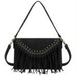 Bolso Bandolera Sintético de Mujer tipo Sobre con Solapa de Botón con Tachuelas y Flecos Decorativos - Imagen 7