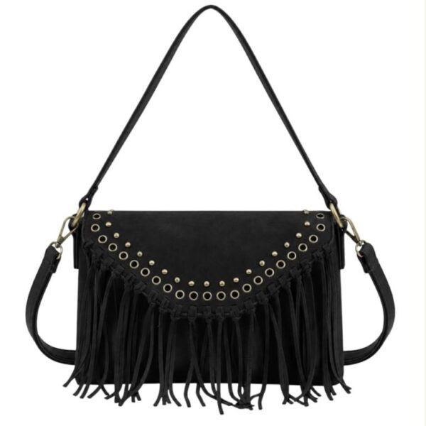 Bolso Bandolera Sintético de Mujer tipo Sobre con Solapa de Botón con Tachuelas y Flecos Decorativos - Imagen 7