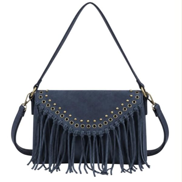 Bolso Bandolera Sintético de Mujer tipo Sobre con Solapa de Botón con Tachuelas y Flecos Decorativos - Imagen 8