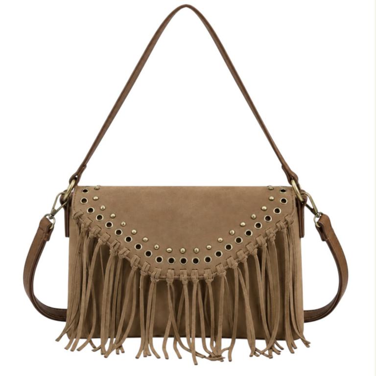 CGMC835-Apricot Bolso Bandolera Sintético de Mujer tipo Sobre con Solapa de Botón con Tachuelas y Flecos Decorativos - Imagen 1