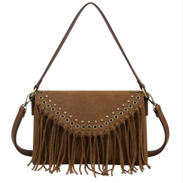 Bolso Bandolera Sintético de Mujer tipo Sobre con Solapa de Botón con Tachuelas y Flecos Decorativos - Imagen 3