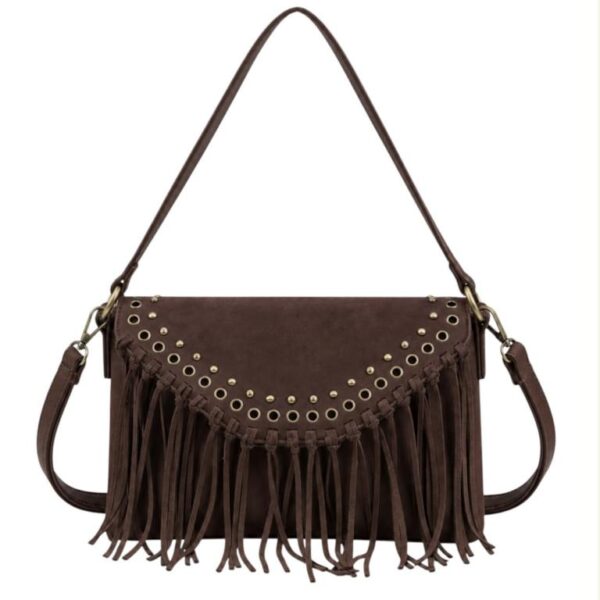 Bolso Bandolera Sintético de Mujer tipo Sobre con Solapa de Botón con Tachuelas y Flecos Decorativos - Imagen 4