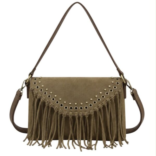 Bolso Bandolera Sintético de Mujer tipo Sobre con Solapa de Botón con Tachuelas y Flecos Decorativos - Imagen 6