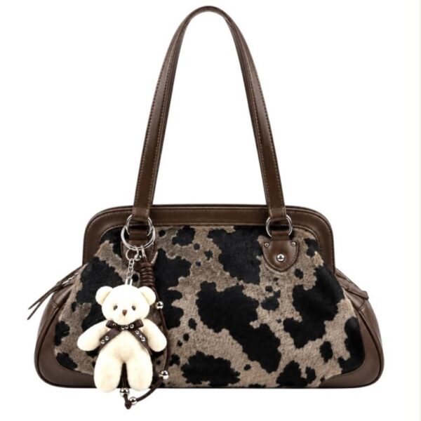 Bolso de Mano Sintético con Estampado Leopardo Frontal, Osito Decorativo y Bolsillo Trasero para Mujer - Imagen 4