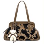 Bolso de Mano Sintético con Estampado Leopardo Frontal, Osito Decorativo y Bolsillo Trasero para Mujer