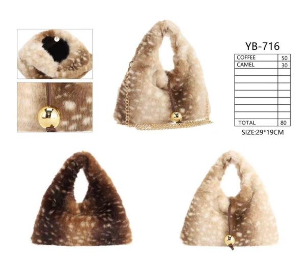 Bolso de Mano con Pelito Sintético, Asa de Cadena y Esfera Decorativa Dorada Frontal para Mujer - Imagen 4