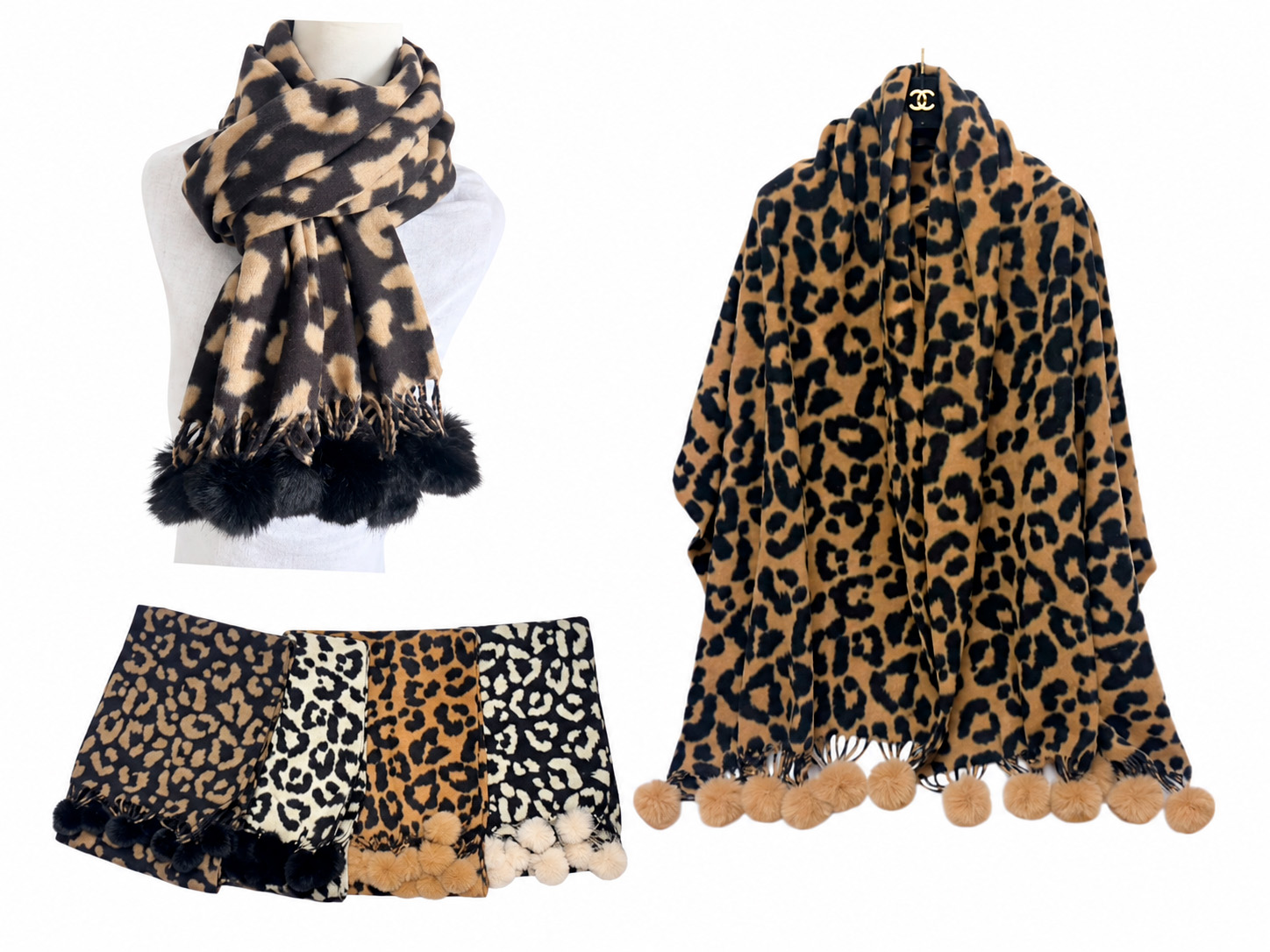 Amplia Bufanda de Mujer con Diseño Animal Print y Pompones Decorativos-All Amplia Bufanda de Mujer con Diseño Animal Print y Pompones Decorativos - Imagen 1