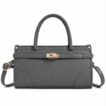 Bolso de Mano Sintético con 2 Asas Cortas, Manivela de Giro y Tiras Frontales para Mujer